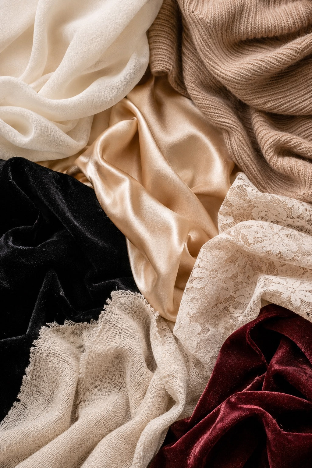Selection of satin, chiffon, lace, velvet and textured fabrics
