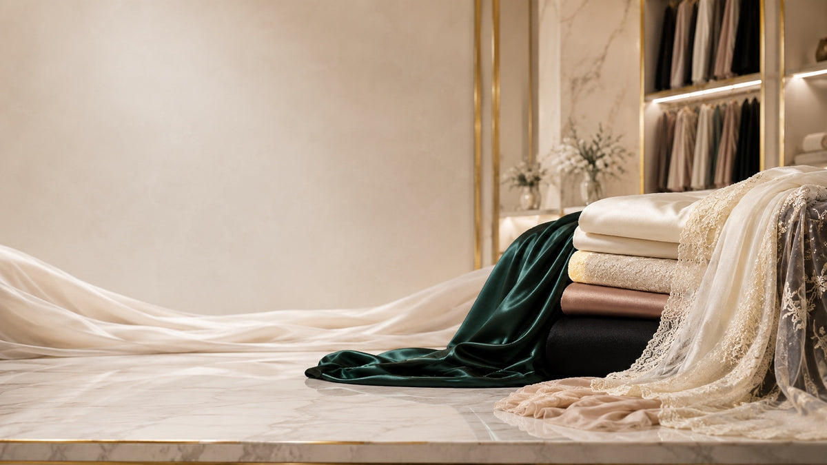 Luxury fabrics displayed in an elegant AL KHAZ showroom